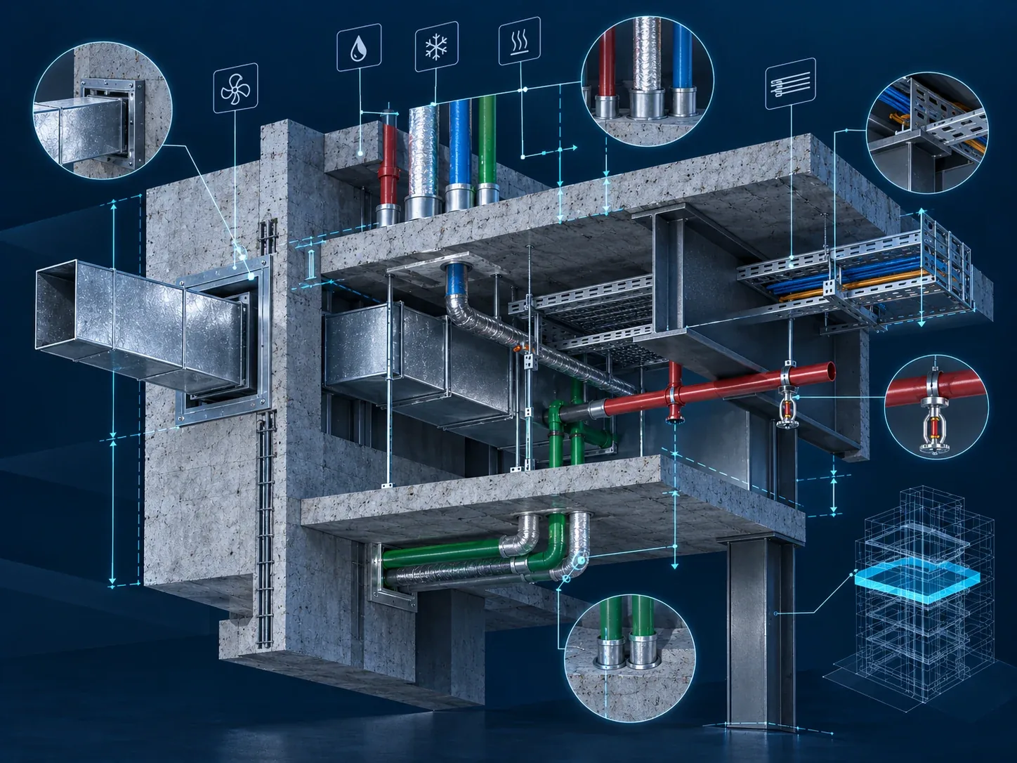 BIM-координація проходок повітроводів, трубопроводів і кабельних трас через конструкції комерційної будівлі