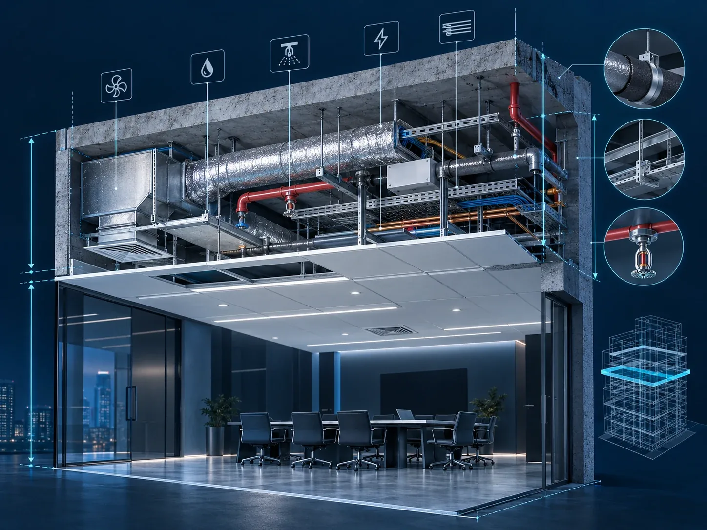 BIM-координація повітроводів, трубопроводів, кабельних трас і пожежних систем у просторі над підвісною стелею