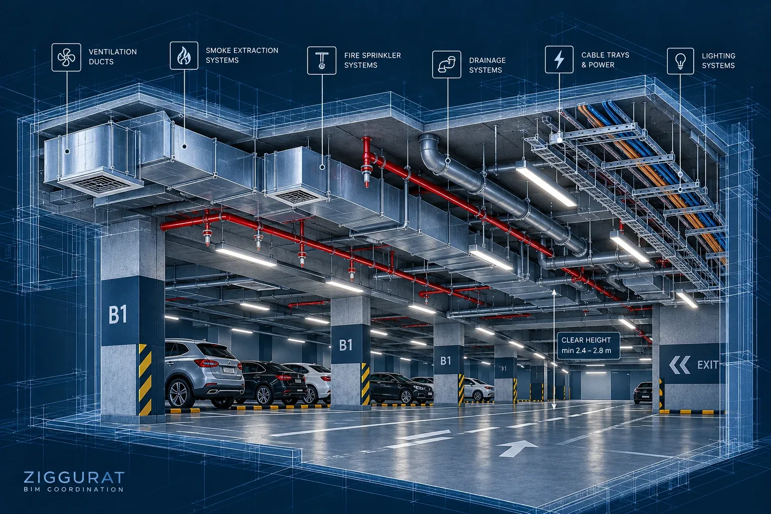 BIM-координація вентиляції, пожежогасіння, кабельних трас та освітлення підземного паркінгу