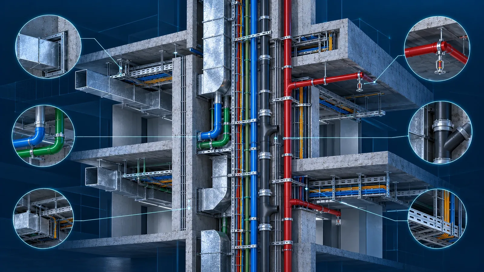 BIM-координація вертикальних шахт із трубопроводами, вентиляцією та кабельними трасами