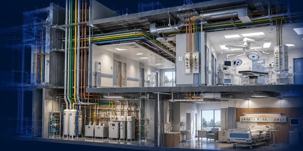 Концептуальна ілюстрація мереж медичних газів від технічного приміщення до лікувальних зон