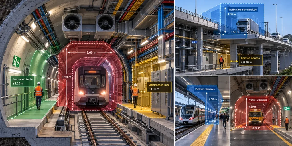 Концептуальна ілюстрація габаритів руху, сервісного доступу та евакуаційних маршрутів