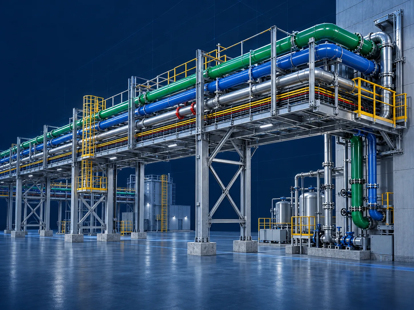 Трубопровідні естакади Pipe Racks із магістральними промисловими трубопроводами, кабельними трасами та опорними конструкціями